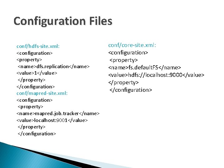 Configuration Files conf/hdfs-site. xml: <configuration> <property> <name>dfs. replication</name> <value>1</value> </property> </configuration> conf/mapred-site. xml: <configuration>