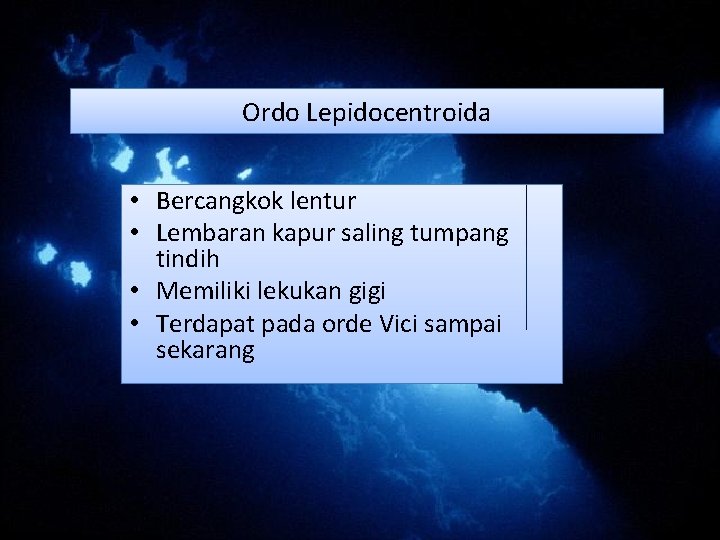 Ordo Lepidocentroida • Bercangkok lentur • Lembaran kapur saling tumpang tindih • Memiliki lekukan Ordo Lepidocentroida • Bercangkok lentur • Lembaran kapur saling tumpang tindih • Memiliki lekukan