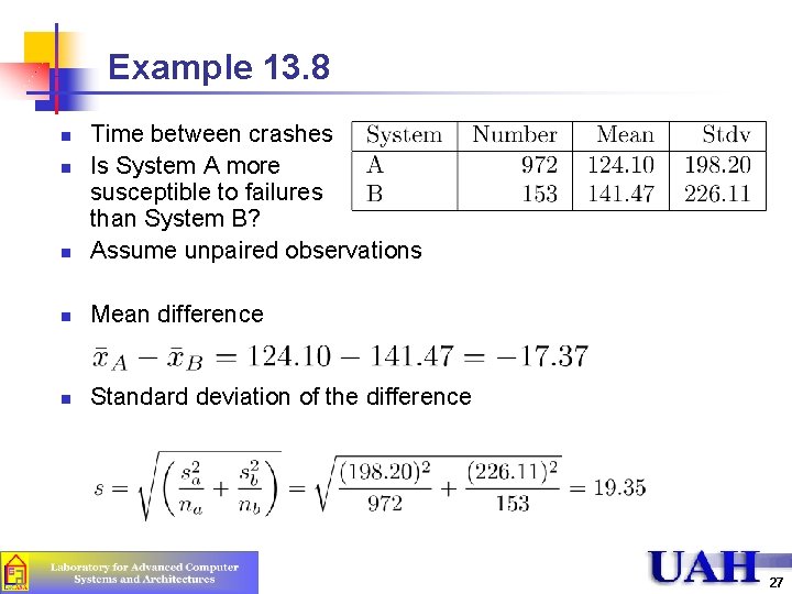 Example 13. 8 n Time between crashes Is System A more susceptible to failures