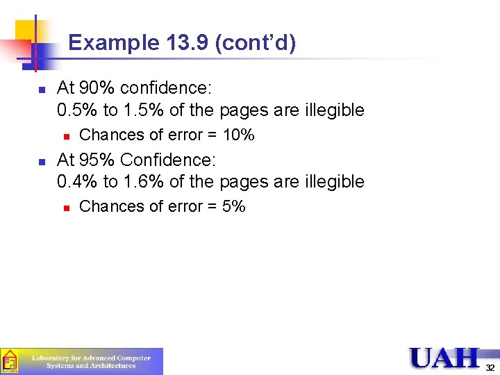 Example 13. 9 (cont’d) n At 90% confidence: 0. 5% to 1. 5% of