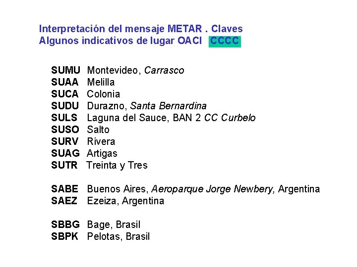 Interpretación del mensaje METAR. Claves Algunos indicativos de lugar OACI CCCC SUMU Montevideo, Carrasco