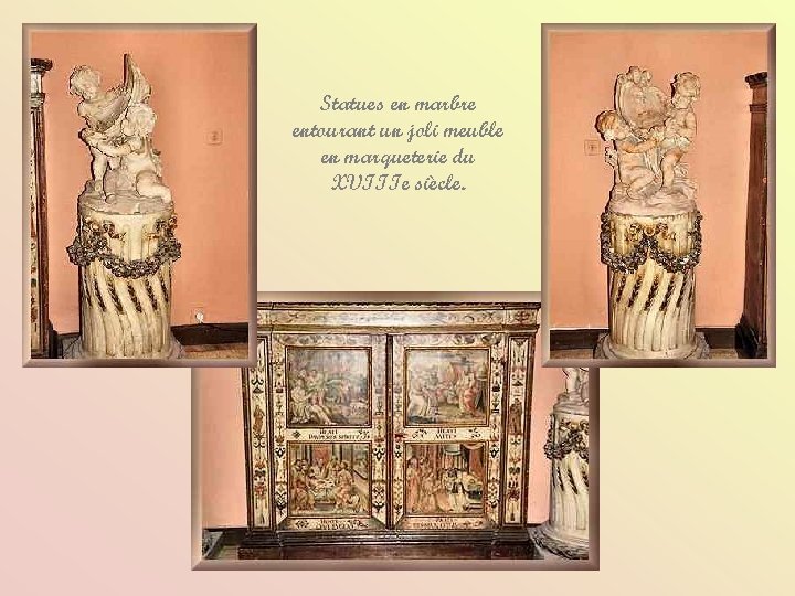 Statues en marbre entourant un joli meuble en marqueterie du XVIIIe siècle. 