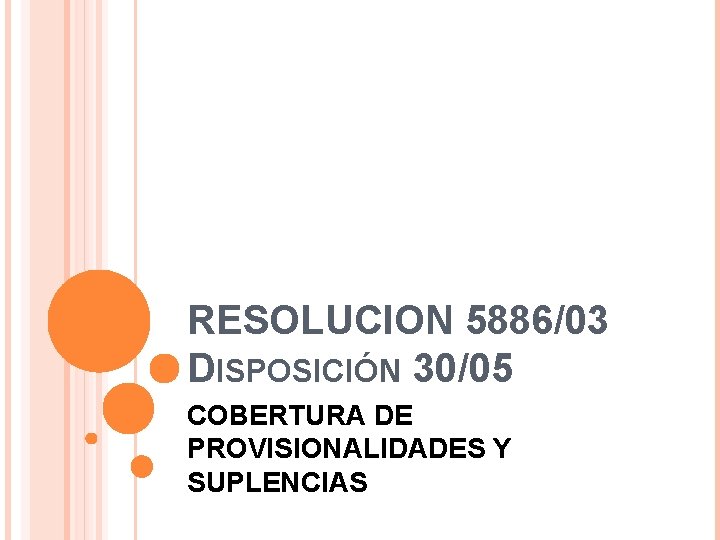 RESOLUCION 5886/03 DISPOSICIÓN 30/05 COBERTURA DE PROVISIONALIDADES Y SUPLENCIAS 