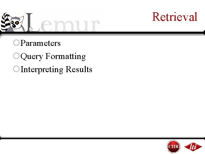 Retrieval ¡Parameters ¡Query Formatting ¡Interpreting Results Retrieval ¡Parameters ¡Query Formatting ¡Interpreting Results