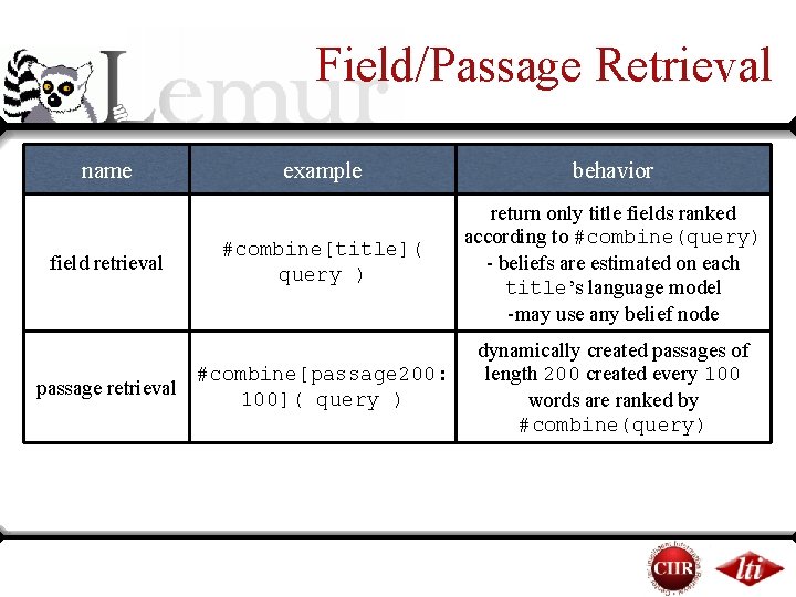 Field/Passage Retrieval name field retrieval example behavior #combine[title]( query ) return only title fields
