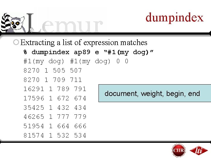 dumpindex ¡ Extracting a list of expression matches % dumpindex ap 89 e “#1(my dumpindex ¡ Extracting a list of expression matches % dumpindex ap 89 e “#1(my