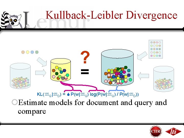 Kullback-Leibler Divergence ? = KL( Q| D) = P(w| Q) log(P(w| Q) / P(w| Kullback-Leibler Divergence ? = KL( Q| D) = P(w| Q) log(P(w| Q) / P(w|
