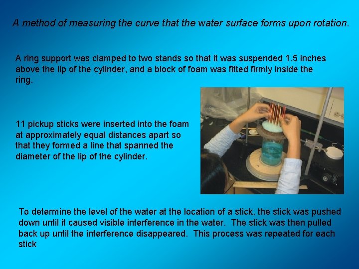 A method of measuring the curve that the water surface forms upon rotation. A