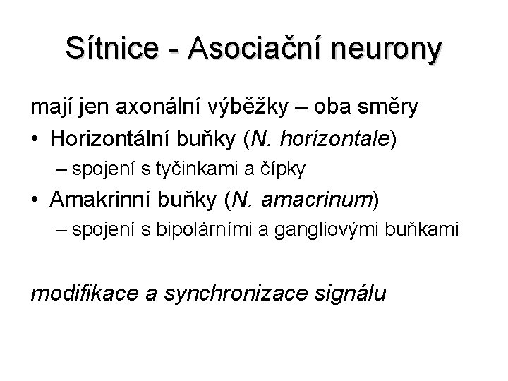 Sítnice - Asociační neurony mají jen axonální výběžky – oba směry • Horizontální buňky