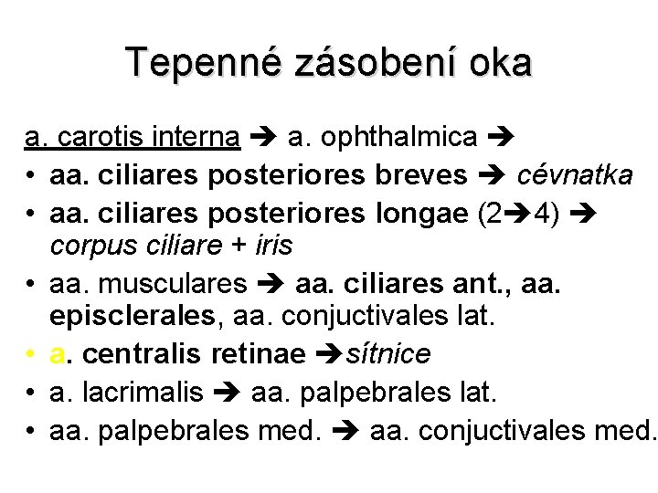 Tepenné zásobení oka a. carotis interna a. ophthalmica • aa. ciliares posteriores breves cévnatka