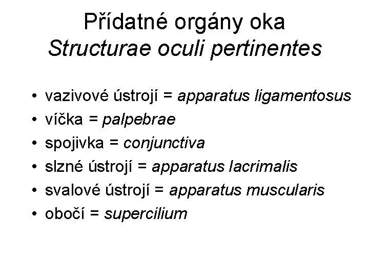 Přídatné orgány oka Structurae oculi pertinentes • • • vazivové ústrojí = apparatus ligamentosus