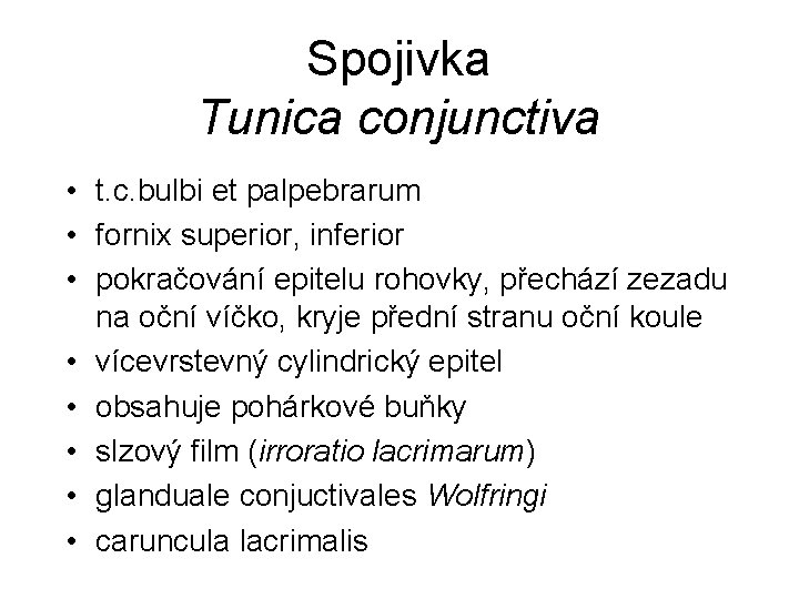 Spojivka Tunica conjunctiva • t. c. bulbi et palpebrarum • fornix superior, inferior •