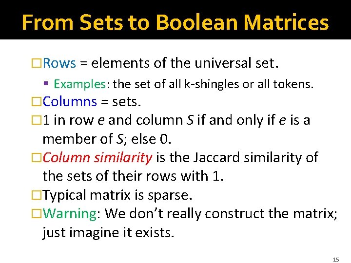 From Sets to Boolean Matrices �Rows = elements of the universal set. § Examples: