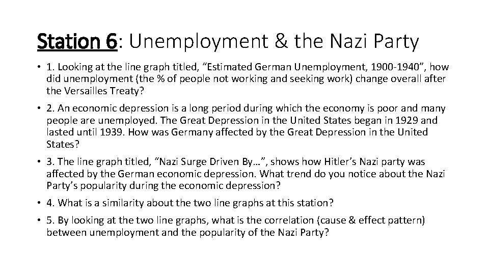 Station 6: Unemployment & the Nazi Party • 1. Looking at the line graph