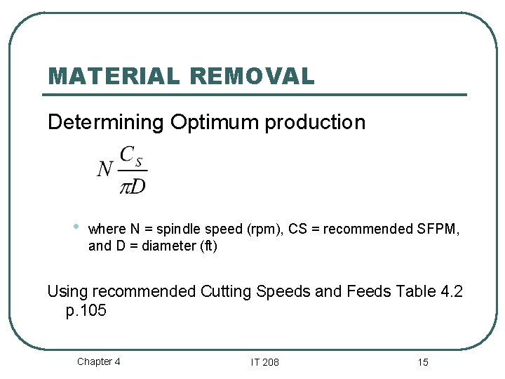 MATERIAL REMOVAL Determining Optimum production • where N = spindle speed (rpm), CS =