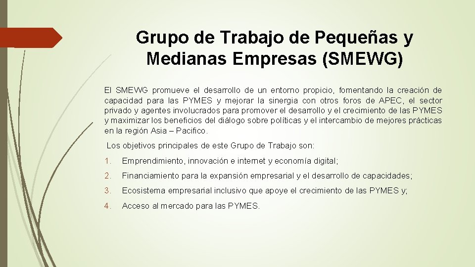 Grupo de Trabajo de Pequeñas y Medianas Empresas (SMEWG) El SMEWG promueve el desarrollo