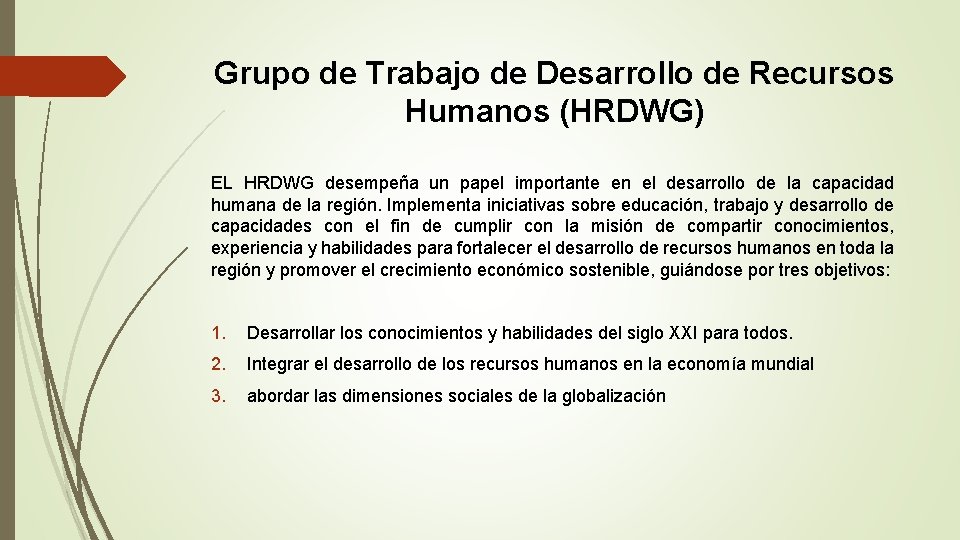 Grupo de Trabajo de Desarrollo de Recursos Humanos (HRDWG) EL HRDWG desempeña un papel