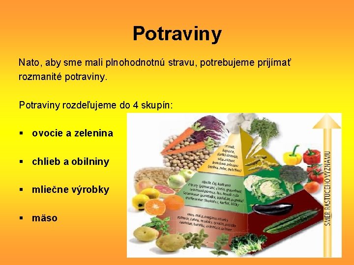 Potraviny Nato, aby sme mali plnohodnotnú stravu, potrebujeme prijímať rozmanité potraviny. Potraviny rozdeľujeme do