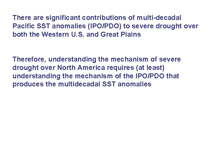There are significant contributions of multi-decadal Pacific SST anomalies (IPO/PDO) to severe drought over There are significant contributions of multi-decadal Pacific SST anomalies (IPO/PDO) to severe drought over