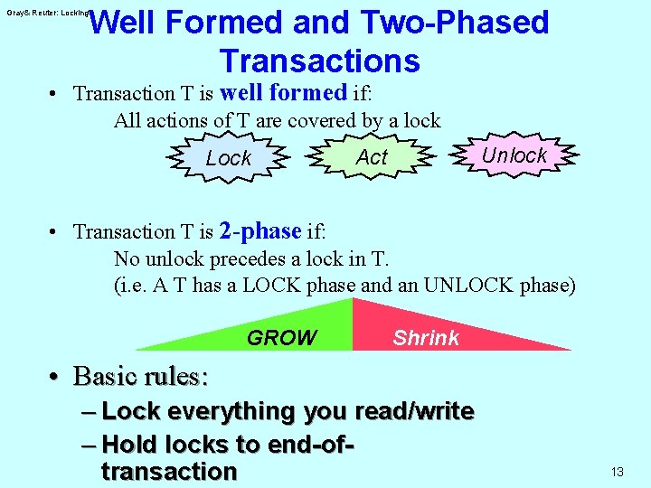 Well Formed and Two-Phased Transactions Gray& Reuter: Locking • Transaction T is well formed
