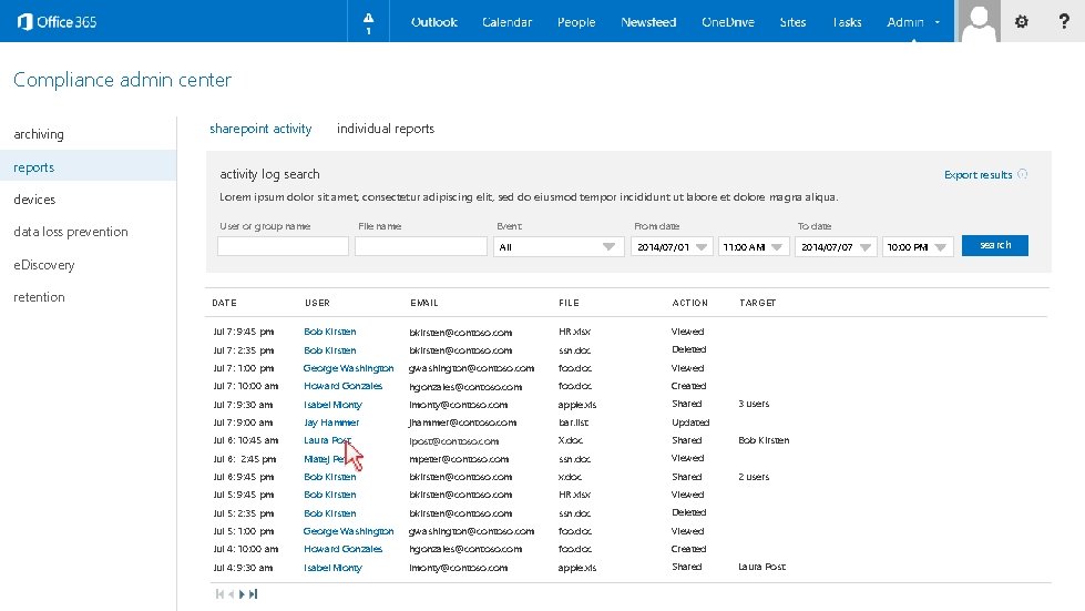 Compliance admin center archiving reports sharepoint activity individual reports activity log search Export results