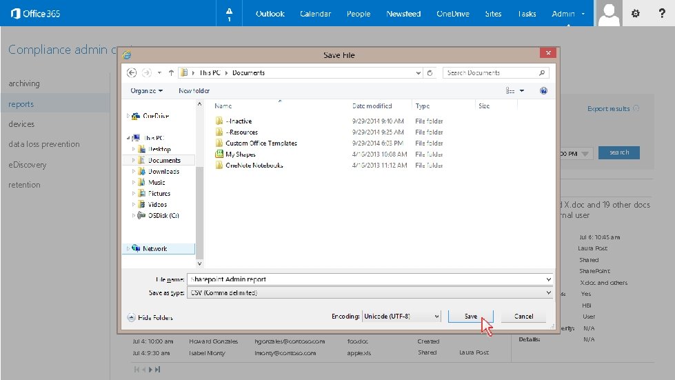 Compliance admin center archiving reports sharepoint activity individual reports activity log search Export results