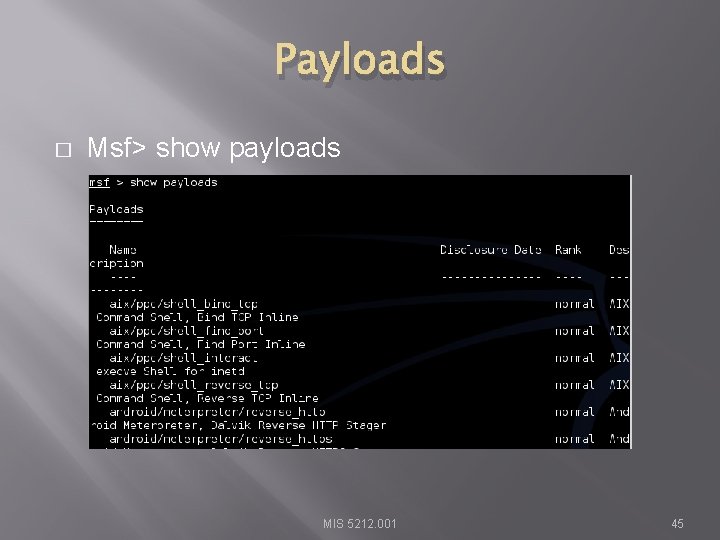 Payloads � Msf> show payloads MIS 5212. 001 45 