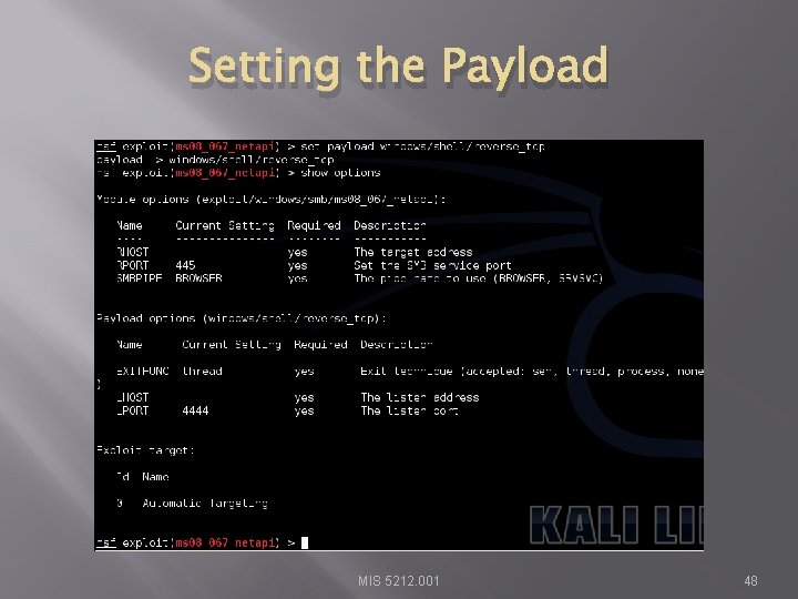 Setting the Payload MIS 5212. 001 48 
