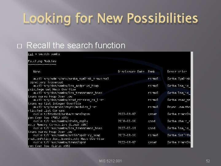 Looking for New Possibilities � Recall the search function MIS 5212. 001 52 