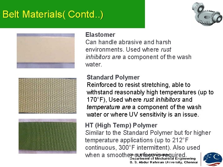 Belt Materials( Contd. . ) Elastomer Can handle abrasive and harsh environments. Used where