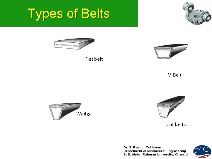 Types of Belts Flat belt V-Belt Wedge Cut belts 