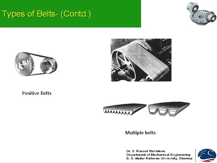 Types of Belts- (Contd. ) Positive Belts Multiple belts 