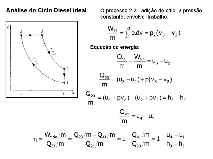 Análise do Ciclo Diesel ideal O processo 2 -3 , adição de calor a