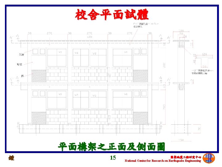 校舍平面試體 平面構架之正面及側面圖 鍾 15 國家地震 程研究中心 National Center for Research on Earthquake Engineering 