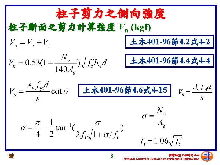 柱子剪力之側向強度 柱子斷面之剪力計算強度 Vn (kgf) 土木 401 -96節4. 2式 4 -2 土木 401 -96節4. 4式