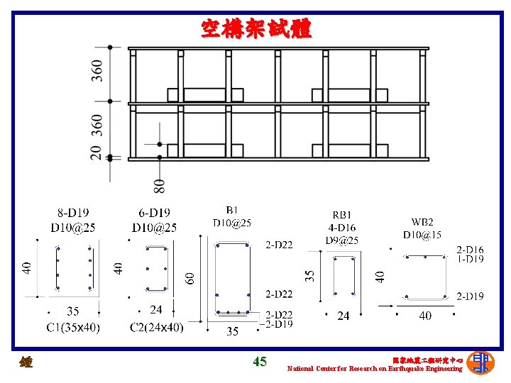 空構架試體 鍾 45 國家地震 程研究中心 National Center for Research on Earthquake Engineering 