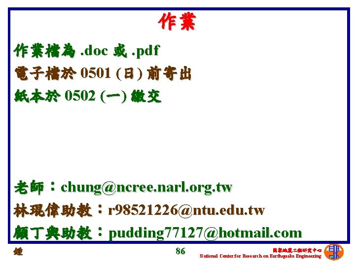 作業 作業檔為. doc 或. pdf 電子檔於 0501 (日) 前寄出 紙本於 0502 (一) 繳交 老師：chung@ncree.