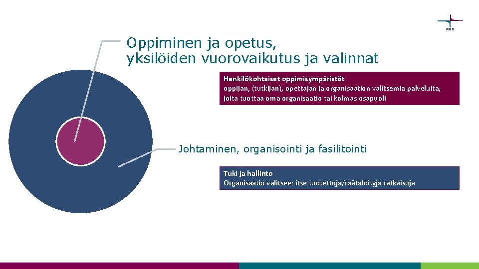 Oppiminen ja opetus, yksilöiden vuorovaikutus ja valinnat Henkilökohtaiset oppimisympäristöt oppijan, (tutkijan), opettajan ja organisaation