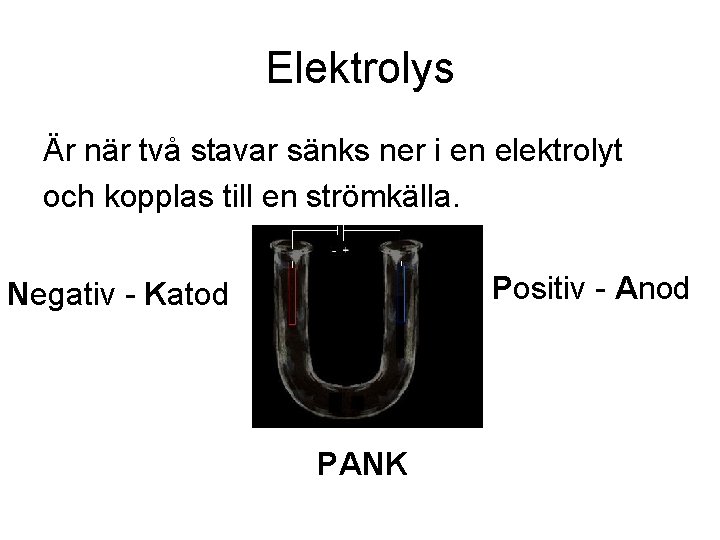 Elektrolys Är när två stavar sänks ner i en elektrolyt och kopplas till en Elektrolys Är när två stavar sänks ner i en elektrolyt och kopplas till en