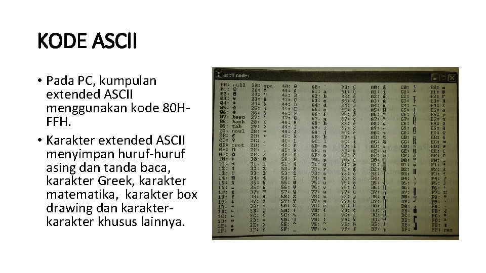 KODE ASCII • Pada PC, kumpulan extended ASCII menggunakan kode 80 HFFH. • Karakter