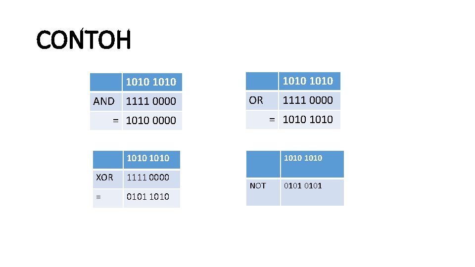 CONTOH 1010 AND 1111 0000 OR = 1010 0000 1010 XOR 1111 0000 =