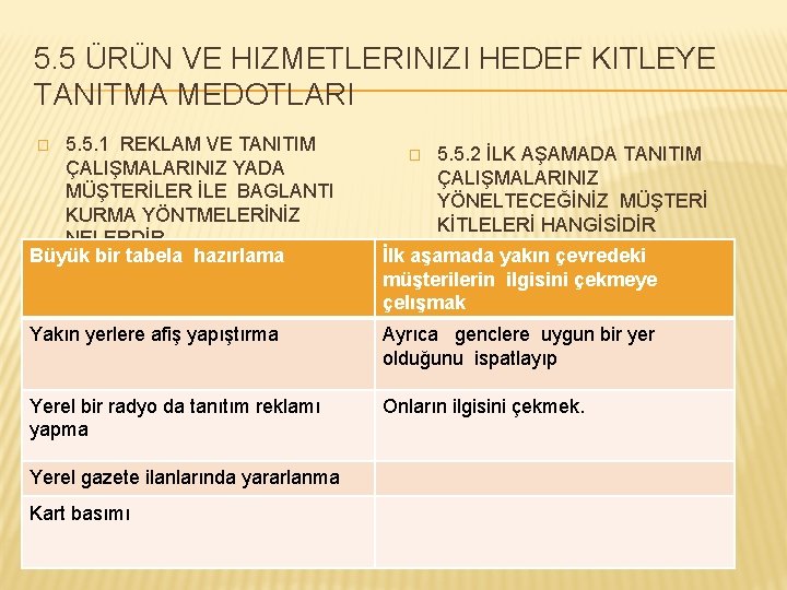 5. 5 ÜRÜN VE HIZMETLERINIZI HEDEF KITLEYE TANITMA MEDOTLARI 5. 5. 1 REKLAM VE