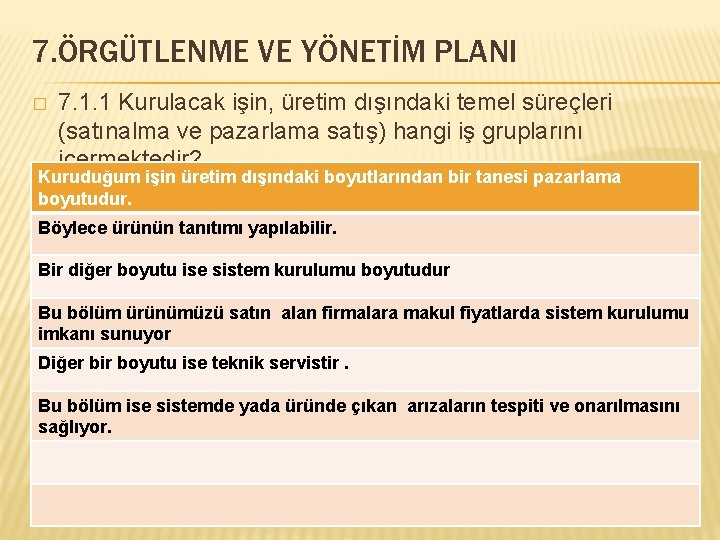 7. ÖRGÜTLENME VE YÖNETİM PLANI � 7. 1. 1 Kurulacak işin, üretim dışındaki temel