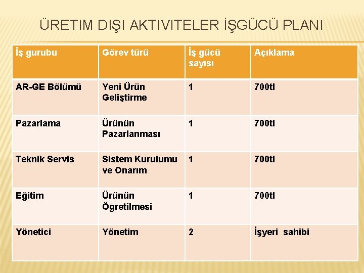 ÜRETIM DIŞI AKTIVITELER İŞGÜCÜ PLANI İş gurubu Görev türü İş gücü sayısı Açıklama AR-GE