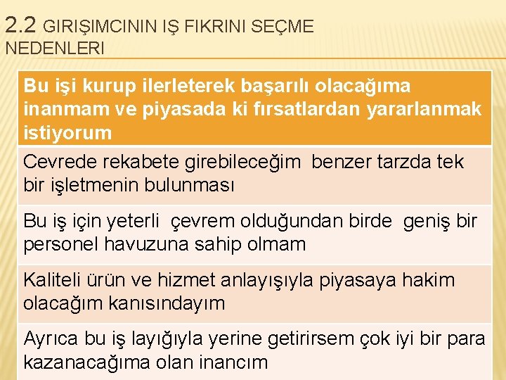 2. 2 GIRIŞIMCININ IŞ FIKRINI SEÇME NEDENLERI Bu işi kurup ilerleterek başarılı olacağıma inanmam