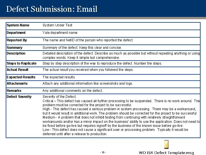Defect Submission: Email System Name System Under Test Department Yale department name Reported By