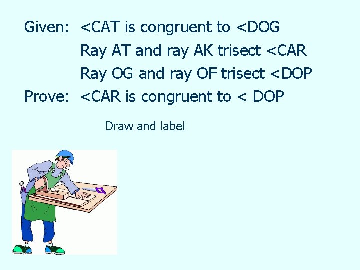 Given: <CAT is congruent to <DOG Ray AT and ray AK trisect <CAR Ray