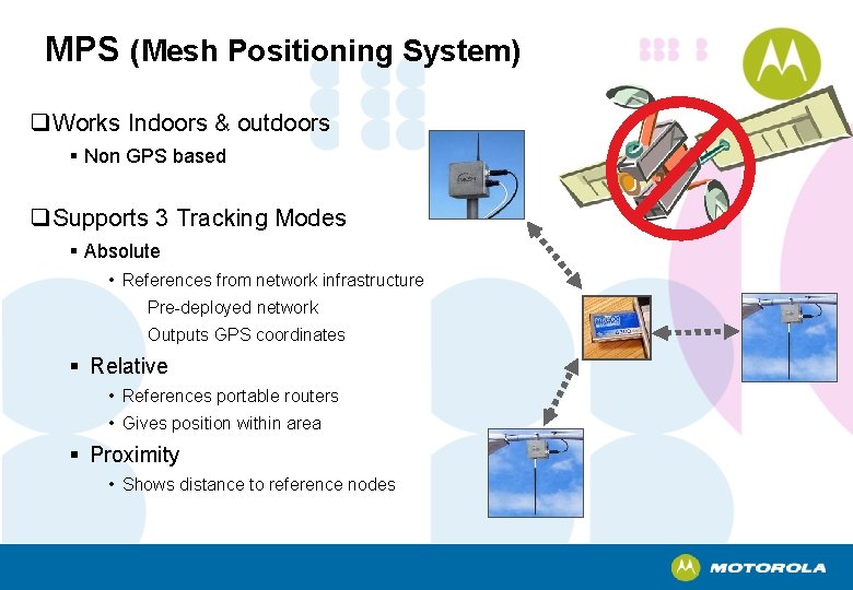 MPS (Mesh Positioning System) q Works Indoors & outdoors § Non GPS based q
