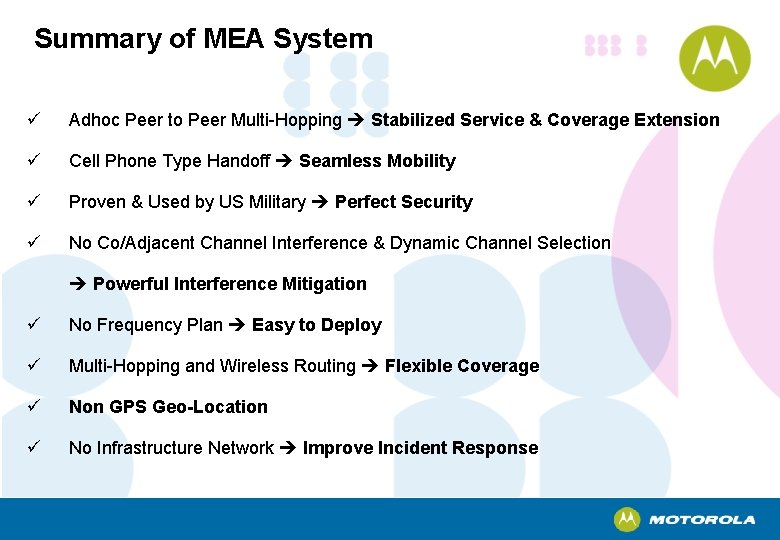 Summary of MEA System ü Adhoc Peer to Peer Multi-Hopping Stabilized Service & Coverage