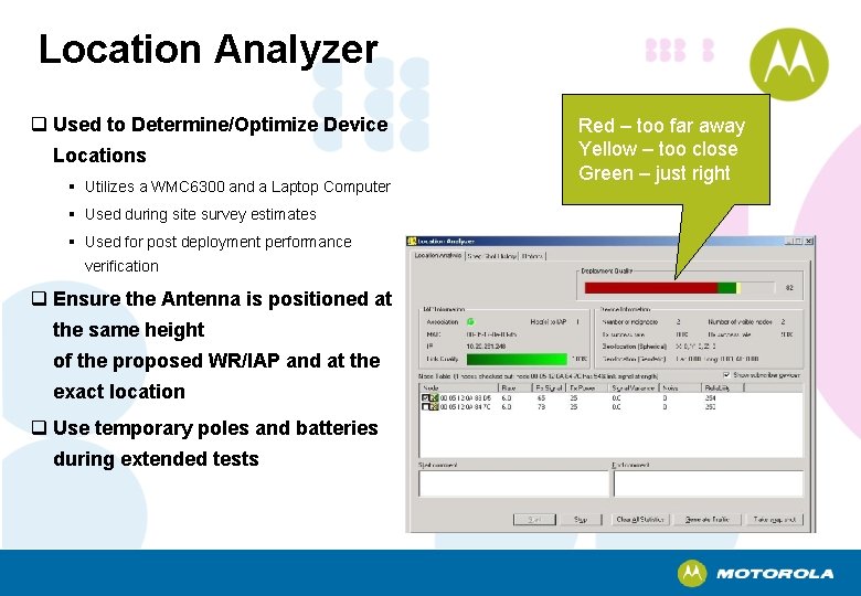 Location Analyzer q Used to Determine/Optimize Device Locations § Utilizes a WMC 6300 and